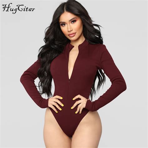 Long Sleeve Zipper High Neck Bodycon Sexy Solid Body Club Bodysuit