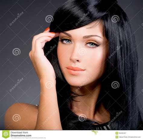 beautiful brunette woman with long black straight hair stock image image of black portrait
