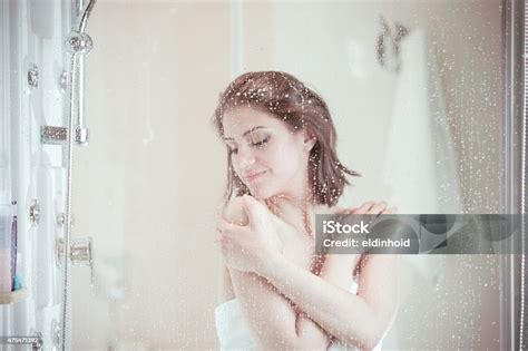 Beautiful Brunette Woman Taking Shower After Long Stressful Day Stock