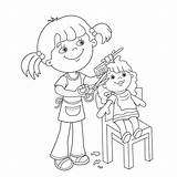 Coloring Outline Barber Girl Comb Playing Shop Cartoon Book Kids Dolls sketch template