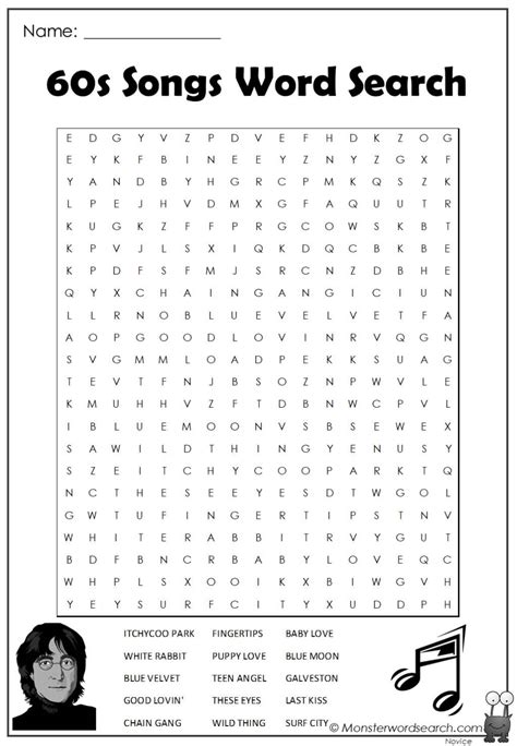 songs word search monster word search