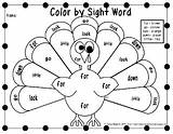 Thanksgiving Sight Word Color Dolch Coloring Printables Turkey Pages Words Worksheets Kindergarten Pre Worksheet Sheets Activities Google Savingbydesign Primer Crafts sketch template
