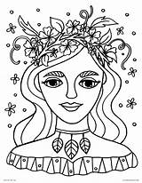 Coloring Spring Pages Printable Flower Goddess Adults Woman Nature Girl Crown sketch template