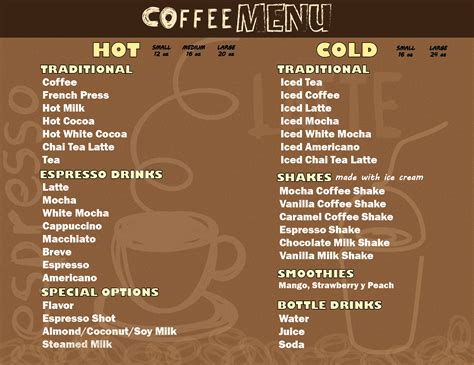 menu mugs coffee
