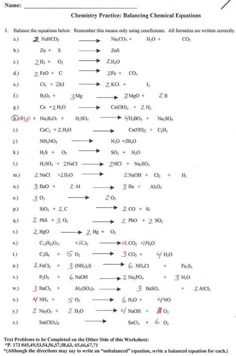 balancing equations practice worksheet answers balancing chemical