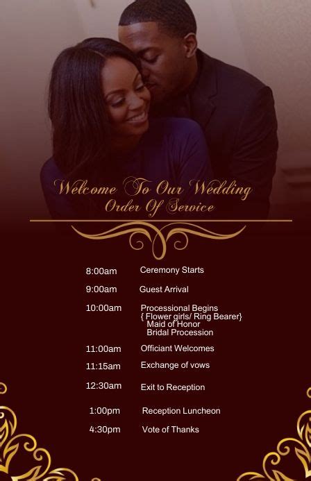 The Wedding Order Card Is Shown With An Image Of A Couple Hugging Each