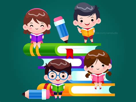 vector cartoon cute school kids reading  learning  big book