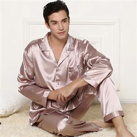 high quality silk men pajamas sleepwear long sleeved silk satin nightwear soft spring autumn