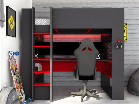 cama alta gamer escritorio  compartimentos  cm leds gris  rojo  colchon noah