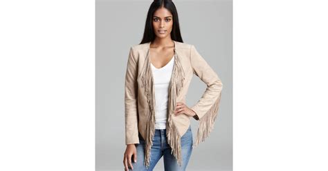 guess jacket faux suede pretty paisley fringe in natural
