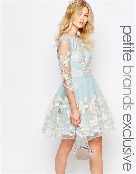 chi chi london petite premium allover floral embroidered mini prom dress  mesh sleeve