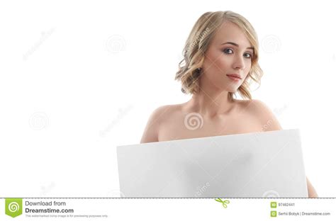 beautiful naked woman posing with a blank copyspace banner