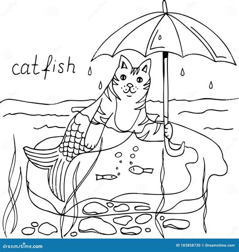 fun coloring page cat fish stock vector illustration  page