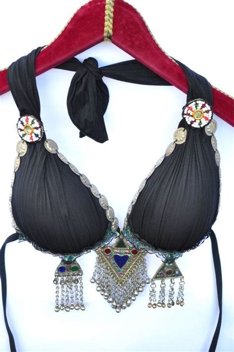 tribal belly dance top bra in black decorated with metal etsy belly
