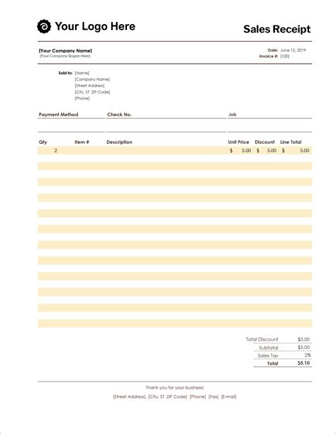 word document receipt template