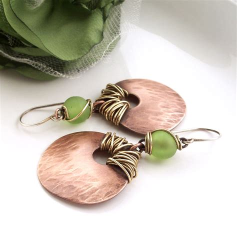 wire wrapped jewelry handmade earrings hammered copper dangle