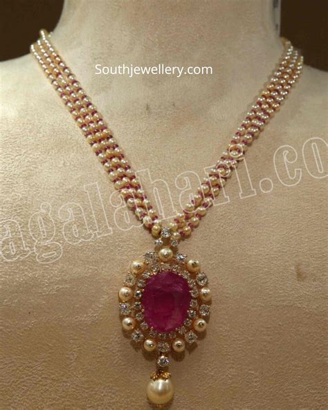 pearl necklace  diamond ruby pendant indian jewellery designs