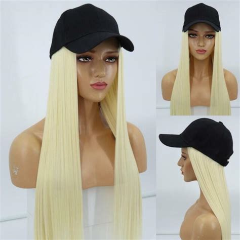 new baseball cap hat with hair long natural straight blonde wigs caps