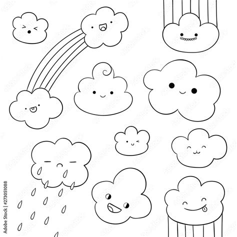 set  cute kawaii clouds  doodle style outline cloud  funny