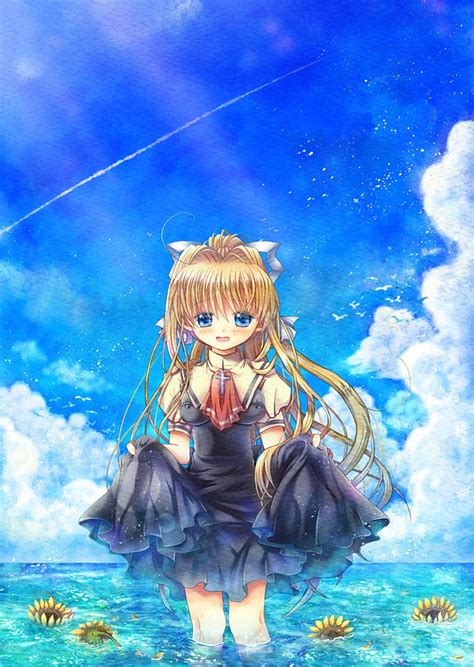 safebooru air ascot blonde hair blue eyes cloud condensation trail