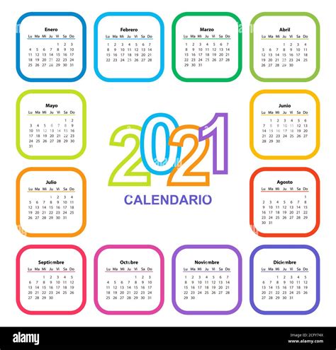 calendario de colores en 2021 a帽os con forma cuadrada espa帽ol la