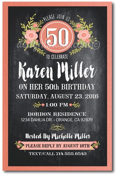 Vintage Floral Chalkboard 50th Birthday Invitations For