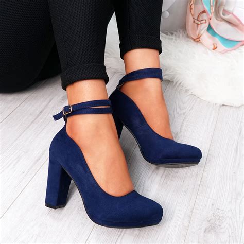womens ladies ankle strap high block heels rounded toe pumps office shoes size ebay