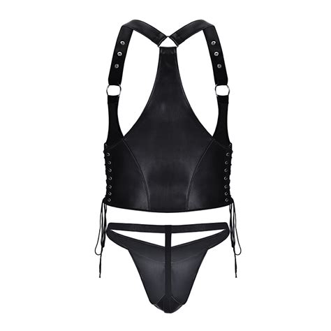 men s sexy wet look pvc leather harness and thong bdsm clothing bondage