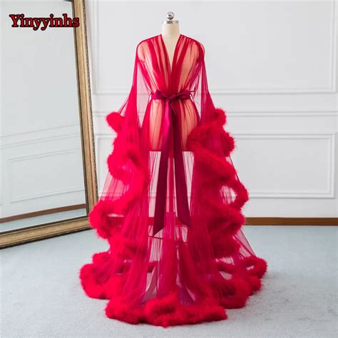 bridal boudoir robe red feather trim bridal sheer robe tulle illusion