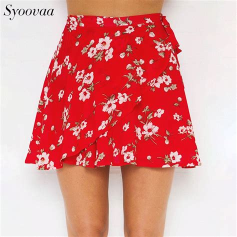 syoovaa chiffon women red floral skirt sexy summer beach short skirts