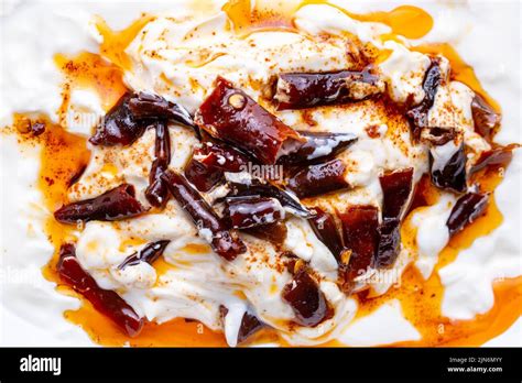 traditional turkish  greek meze  chili peppers turkish appetizer atom  yogurt
