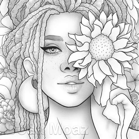 printable coloring page black girl floral portrait etsy