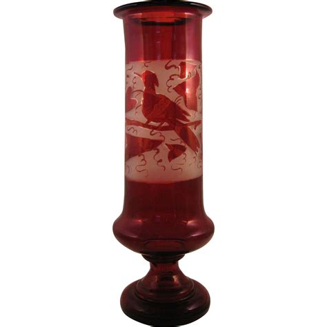 Bohemian Art Glass Vase Ruby Red Cut To Clear Etched Bird And Heart