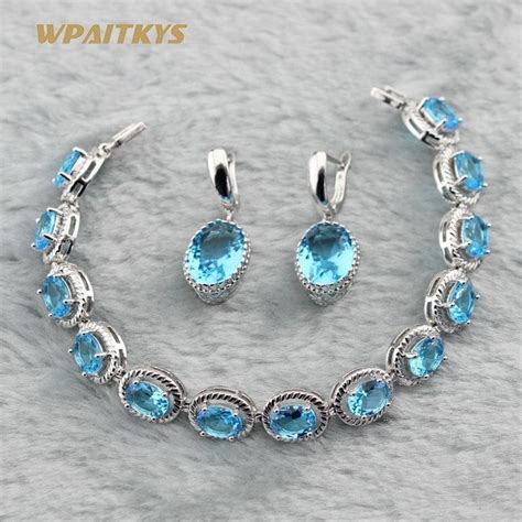 wpaitkys royal blue light blue cubic zirconia silver color jewelry sets  women wedding