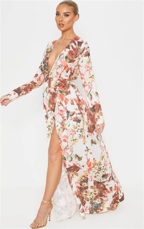 Floral Print Plunge Long Sleeve Maxi Dress Prettylittlething Usa