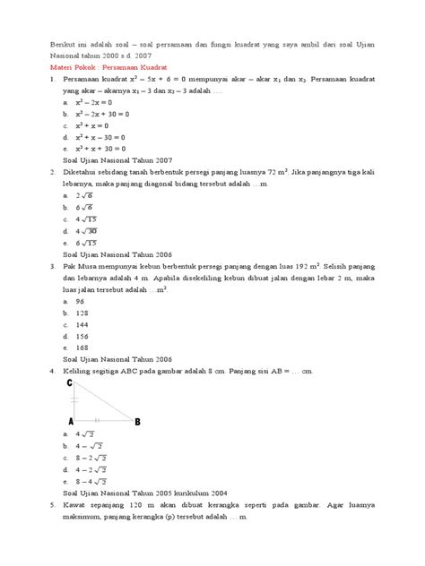 Soal Persamaan Dan Fungsi Kuadrat