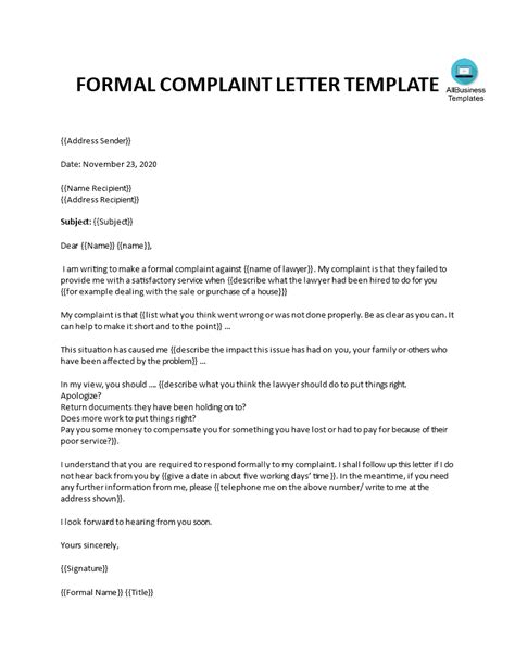 formal complaint letter   lawyer  law firm templates