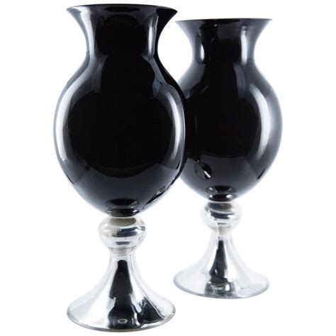 Vintage Pair Of Tall Black And Silver Mirrored Glass Vases
