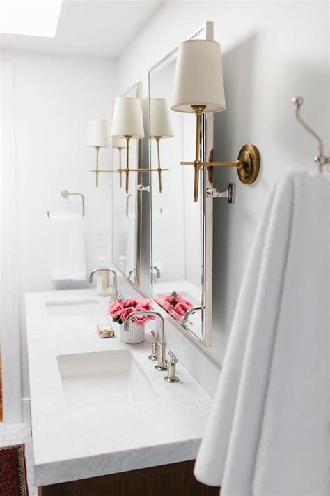 Nickel Bathroom Mirrors with Antique Brass Sconces