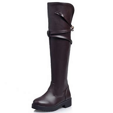 womens smooth leather boots heavily treaded soles strap buckle trim dark brown