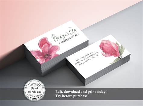 feminine business card design  watercolor magnolia etsy uk