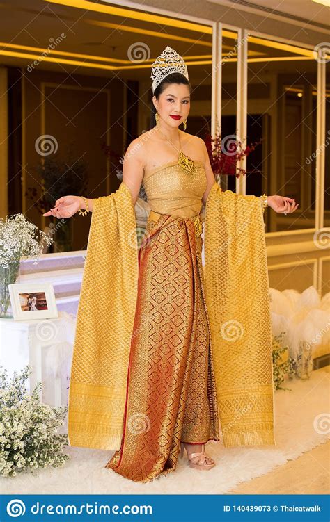 fashion model  thai traditional costume wedding dress editorial stock