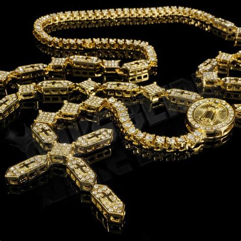 14k gold iced rosary shapes chain niv s bling