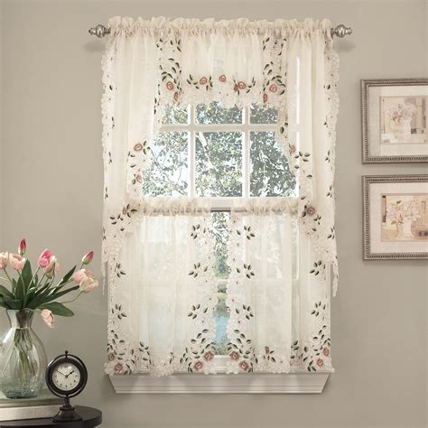 floral embroidered sheer kitchen curtain tiers swags  valances