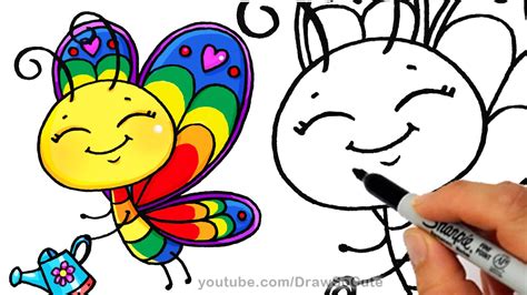 draw  cartoon butterfly cute step  step rainbow colors youtube