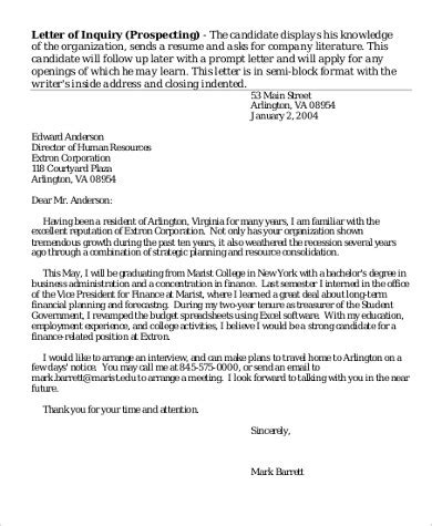 sample letter  inquiry  ms word