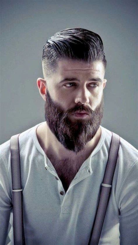 the hairstyle is combed to the side with a long straight beard beard