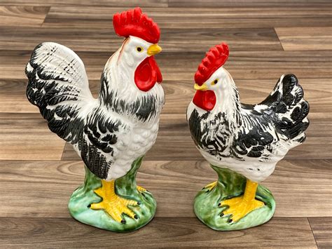 vintage lefton rooster  hen chicken figurines rustic farmhouse home decor country kitchen