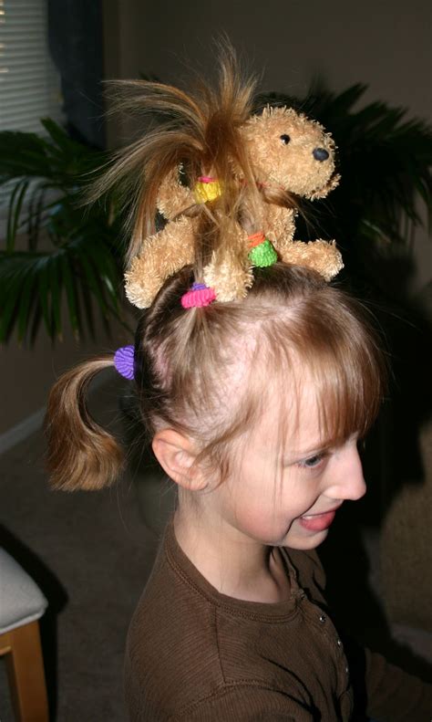 crazy hair day  school add  small stuffed animal  pony tail