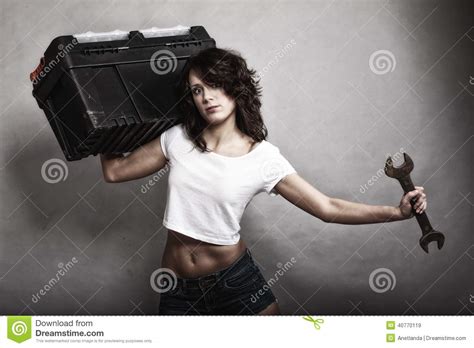Girl Holding Toolbox And Wrench Spanner Stock Image Image Of Tool